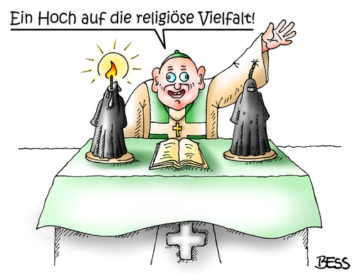 Cartoon: ein Hoch... (medium) by besscartoon tagged islam,burka,pfarreer,religion,christentum,muslime,frauen,katholisch,religiöse,vielfalt,kerze,kirche,bess,besscartoon