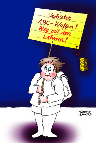 Cartoon: Friedensaktivist (medium) by besscartoon tagged schule,pädagogik,schüler,lehrer,waffen,abc,abcwaffen,bess,besscartoon,friede