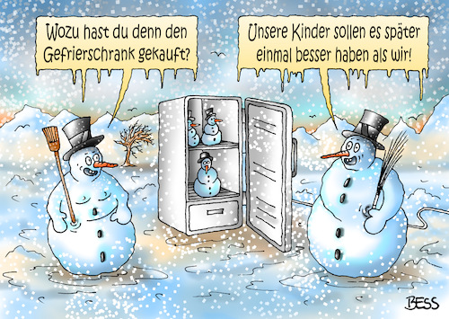 Cartoon: Fürsorge (medium) by besscartoon tagged winter,schnee,frost,schneemann,kinder,gefrierschrank,zukunft,perspektive,überleben,bess,besscartoon