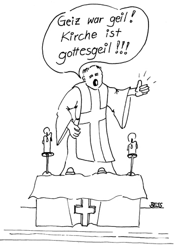 Cartoon: Gottesgeil (medium) by besscartoon tagged kirche,religion,katholisch,pfarrer,geiz,geil,gott,gottesgeil,bess,besscartoon