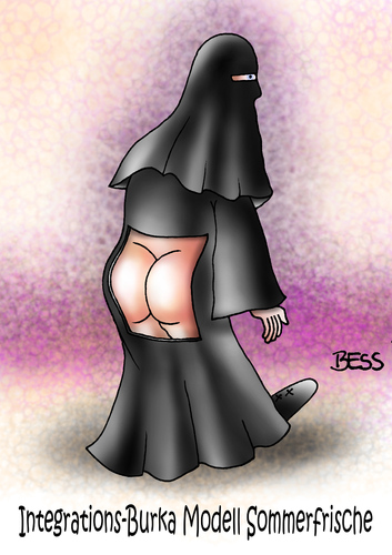 Cartoon: Integrations-Burka (medium) by besscartoon tagged sommerfrische,nakt,arsch,hintern,frau,burka,islam,integration,flüchtlinge,religion,toleranz,bess,besscartoon