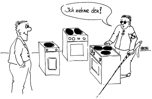 Cartoon: Kaufentscheidung (medium) by besscartoon tagged männer,blind,blindheit,ofen,herd,blindenbinde,kaufen,bess,besscartoon