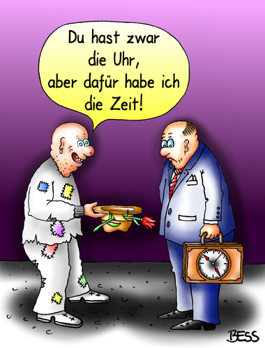 Cartoon: Keine Uhrsache mein Freund (medium) by besscartoon tagged arm,reich,uhr,zeit,männer,penner,geschäftsmann,bettler,betteln,hut,blume,bess,besscartoon