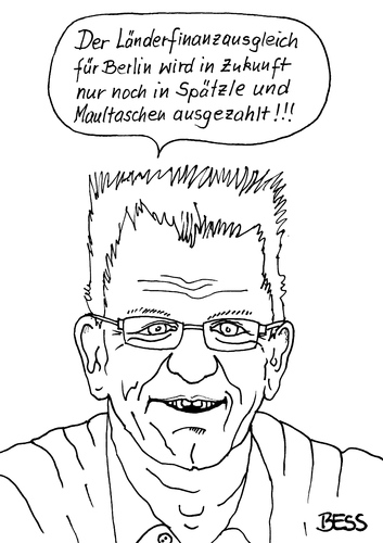 Cartoon: Länderfinanzausgleich (medium) by besscartoon tagged baden,württemberg,finanzen,finanzausgleich,winfried,kretschmann,grüne,geld,schwaben,spätzle,maultschen,bundesländer,berlin,armut,bess,besscartoon