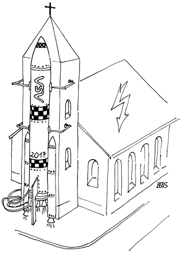 Cartoon: langfristige Alternative (medium) by besscartoon tagged kirche,religion,katholisch,rakete,weltraum,bess,besscartoon