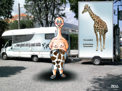 Cartoon: man gönnt sich ja sonst nichts (medium) by besscartoon tagged camping,urlaub,ferien,reisen,luxus,wohnmobil,anhänger,giraffe,haustier,vorsicht,genuss,hals,bess,besscartoon