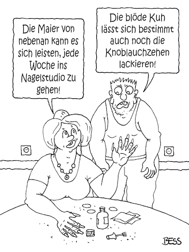 Cartoon: Nagelpflege (medium) by besscartoon tagged paar,ehe,beziehung,nagelstudio,nägel,lackieren,knoblauchzehen,arm,reich,blöde,kuh,bess,besscartoon