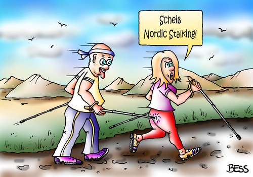 Cartoon: Nordic Stalking (medium) by besscartoon tagged mann,frau,nordic,walking,stalking,misshandlung,belästigung,bess,besscartoon