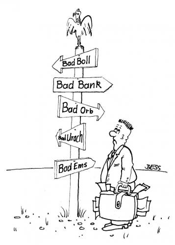 Cartoon: orientierungslos (medium) by besscartoon tagged mann,geld,bad,bank,wegweiser,krise,bess,besscartoon