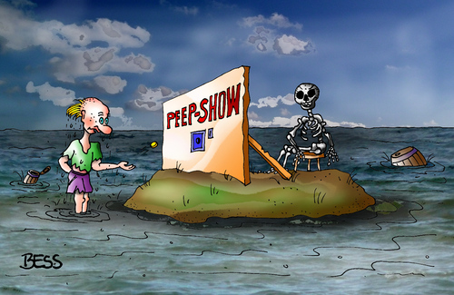 Cartoon: Peep Show (medium) by besscartoon tagged mann,skelett,insel,schiffbruch,meer,peepshow,geld,euro,bess,besscartoon
