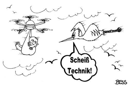 Cartoon: Scheiß Technik (medium) by besscartoon tagged technik,amazon,drohne,storch,himmel,vögel,klapperstorch,zukunft,geburt,baby,bess,besscartoon