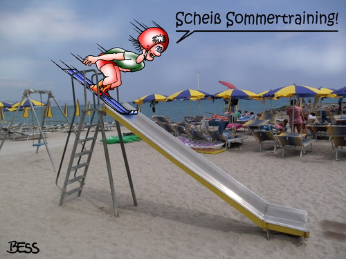 Cartoon: Sommertraining (medium) by besscartoon tagged skispringen,sport,rutsche,strand,adler,training,sommer,meer,besscartoon,bess