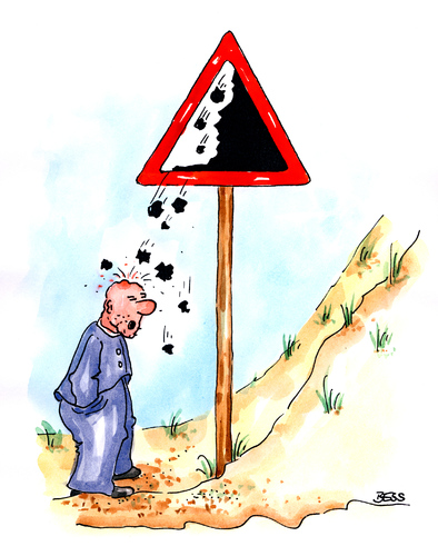 Cartoon: Steinschlaggefahr (medium) by besscartoon tagged steinschlag,mann,verkehr,verkehrsschild,gewalt,beule,bess,besscartoon