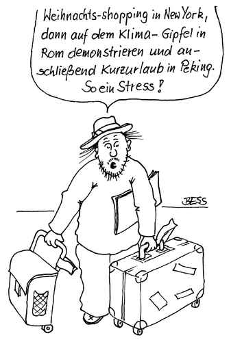 Cartoon: Stress pur (medium) by besscartoon tagged mann,reisen,fliegen,demonstrieren,umweltschutz,urlaub,bess,besscartoon