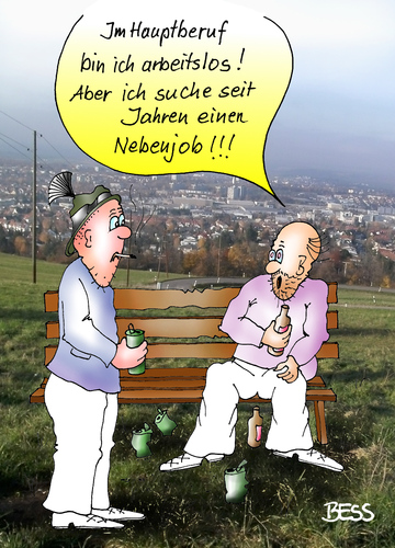 Cartoon: Suche Nebenjob! (medium) by besscartoon tagged arge,beruf,hauptberuf,schwarzarbeit,steuern,jobcenter,arbeit,arbeitslos,hartz,arbeitsamt,stütze,nebenjob,job,krise,geld,alkohol,bess,besscartoon