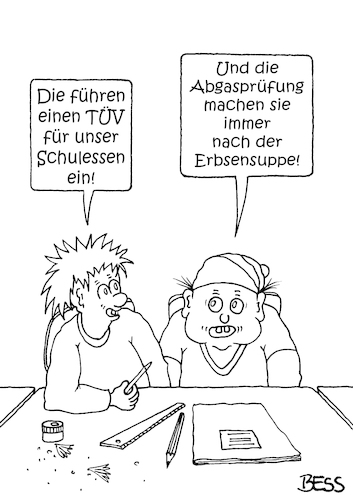 Cartoon: TÜV für Schulessen (medium) by besscartoon tagged schule,schulessen,tüv,abgasprüfung,schulspeisung,erbsensuppe,pädagogik,schüler,ernährung,politik,essen,bess,besscartoon