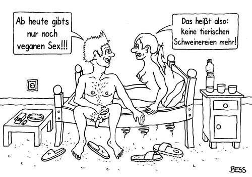 Cartoon: veganer Sex (medium) by besscartoon tagged mann,frau,paar,beziehung,bett,vegan,vegetarier,tierisch,schweinerei,bess,besscartoon