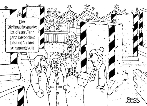 Cartoon: Weihnachtsmarkt (medium) by besscartoon tagged weihnachten,weihnachtsmarkt,terror,terrorgefahr,terrorismus,is,sicherheit,amri,anschlag,bess,besscartoon