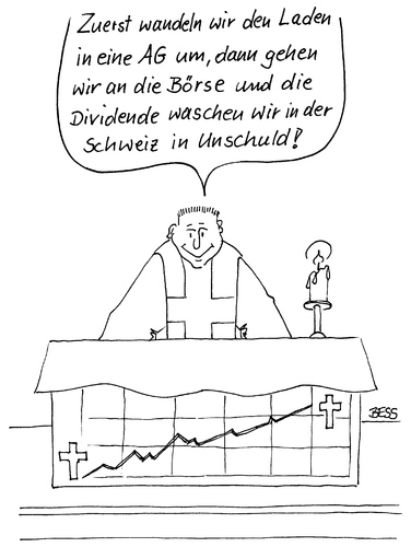 Cartoon: Zukunftsperspektive (medium) by besscartoon tagged kirche,religion,katholisch,ag,börse,geld,pfarrer,bess,besscartoon