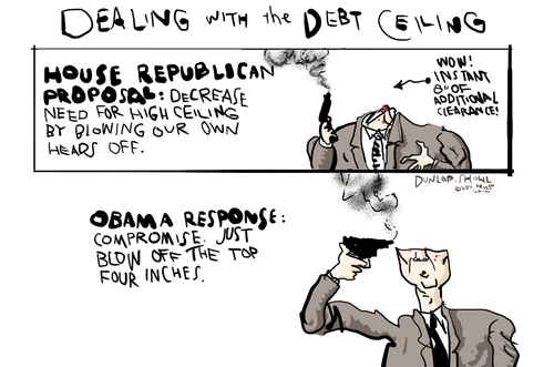 Cartoon: debt ceiling (medium) by Dunlap-Shohl tagged boehner,teaparty,debt,stupidity,obama,stalemate,negotiation