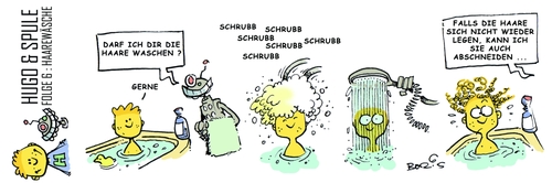 Cartoon: Hugo und Spule Folge 6 (medium) by atzecomic tagged hugo,spule,roboter,schütz,atzecomic,haar,waschen