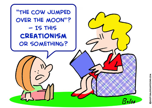 Cartoon: cow jumped over moon creationism (medium) by rmay tagged cow,jumped,over,moon,creationism