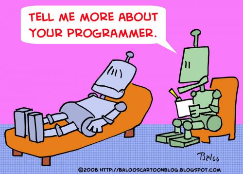 Cartoon: ROBOTS PROGRAMMER PSYCHIATRIST (medium) by rmay tagged robots,programmer,psychiatrist